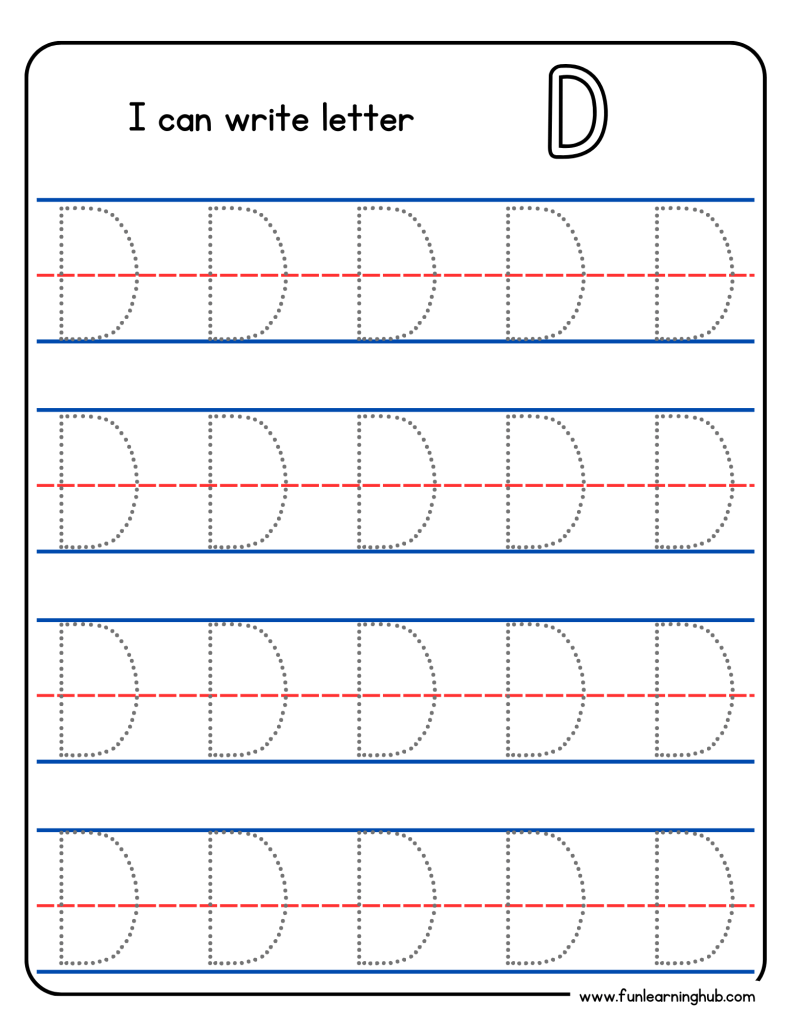 Kindergarten alphabet tracing worksheet with uppercase letter D