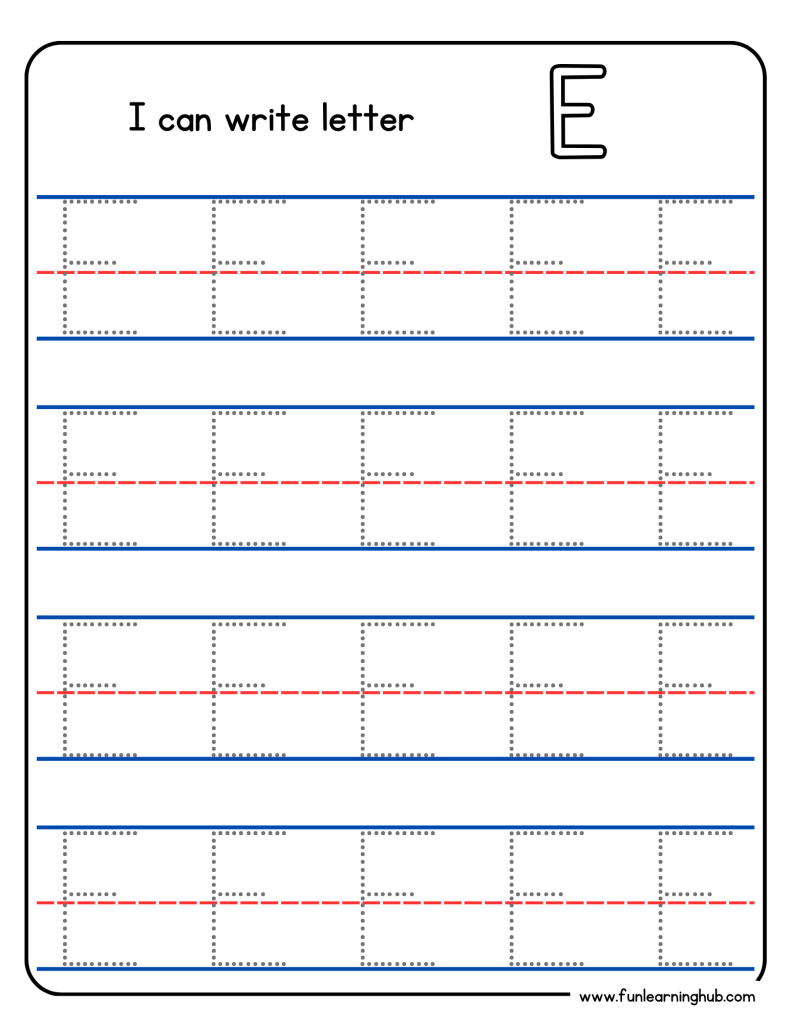Kindergarten alphabet tracing worksheet with uppercase letter E