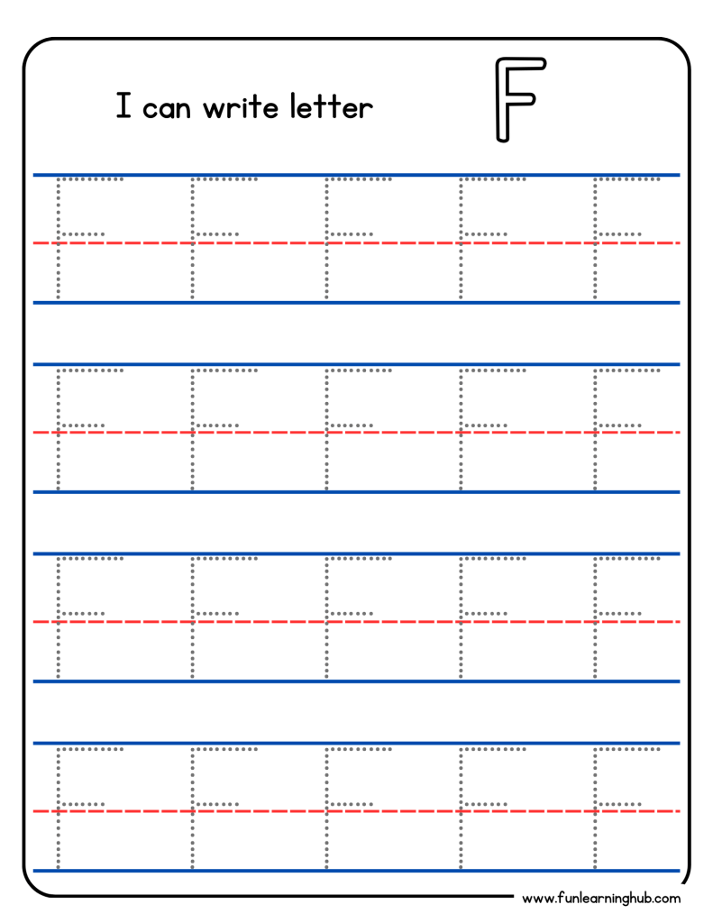 Kindergarten alphabet tracing worksheet with uppercase letter F