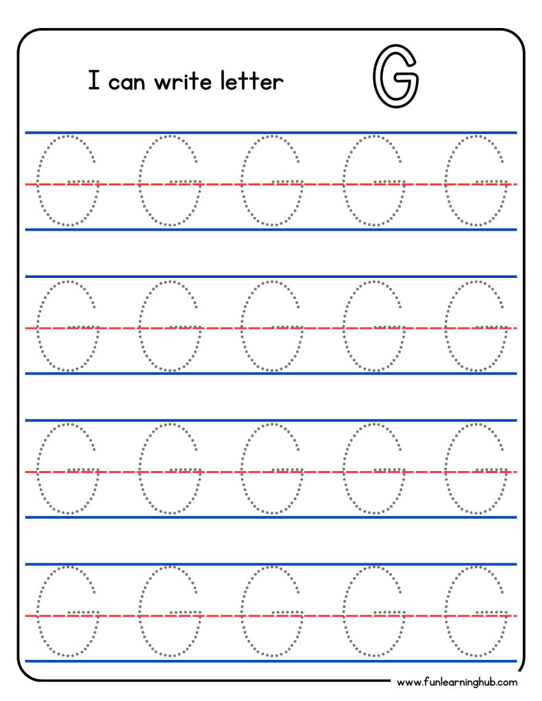 Kindergarten alphabet tracing worksheet with uppercase letter G