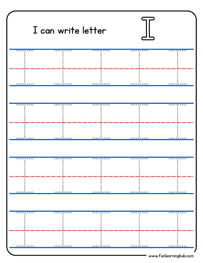 Kindergarten alphabet tracing worksheet with uppercase letter I