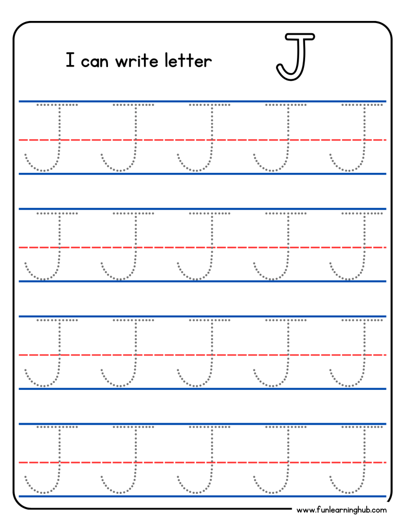 Kindergarten alphabet tracing worksheet with uppercase letter J