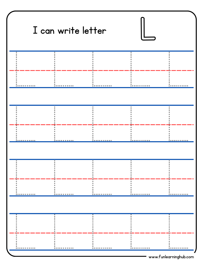 Kindergarten alphabet tracing worksheet with uppercase letter L