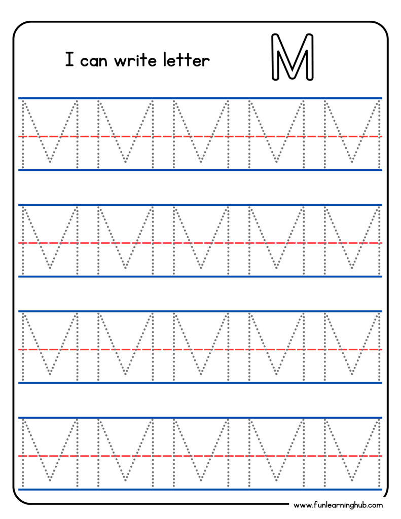 Kindergarten alphabet tracing worksheet with uppercase letter M