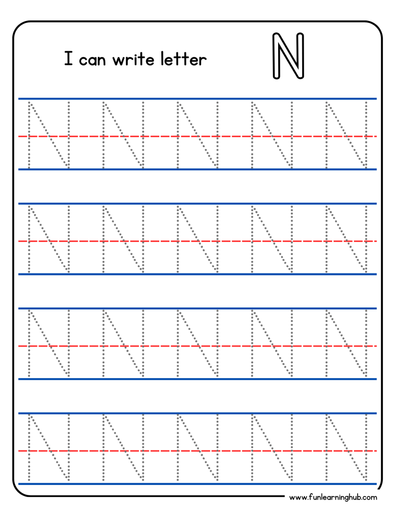Kindergarten alphabet tracing worksheet with uppercase letter N