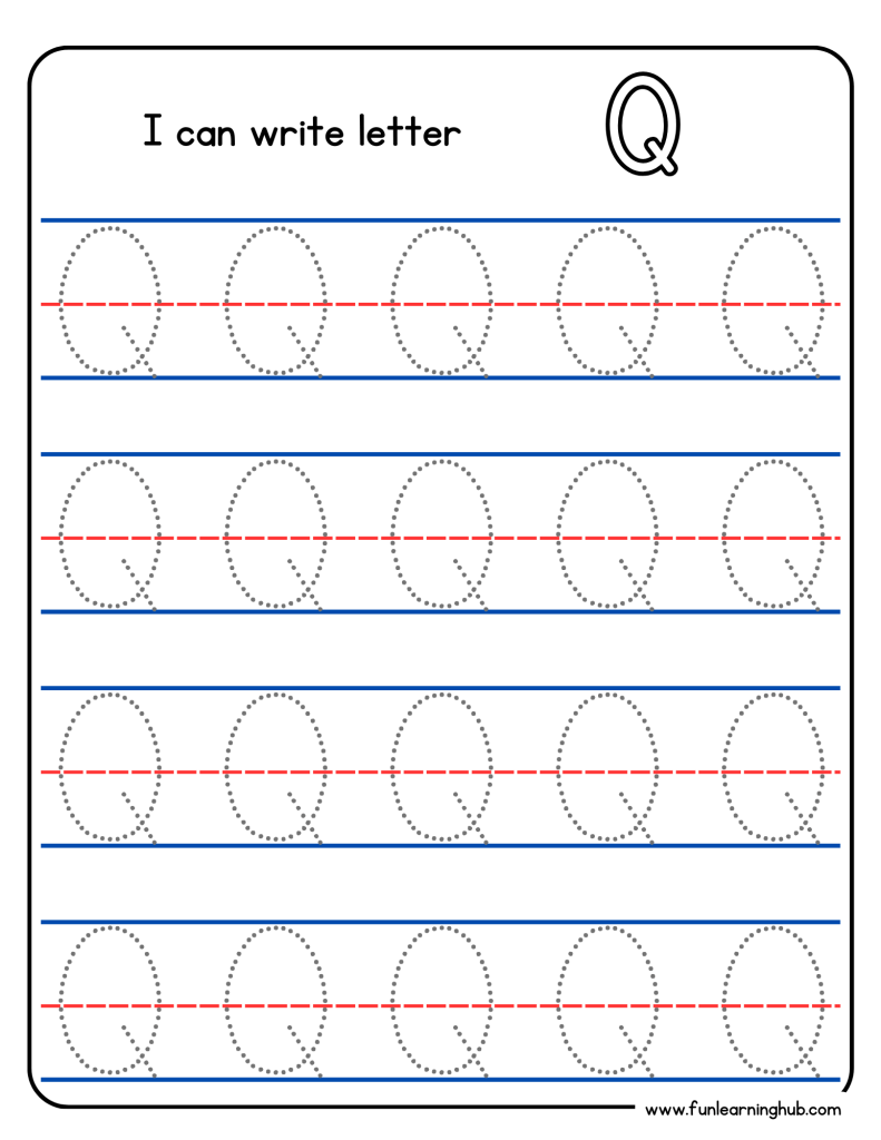 Kindergarten alphabet tracing worksheet with uppercase letter Q