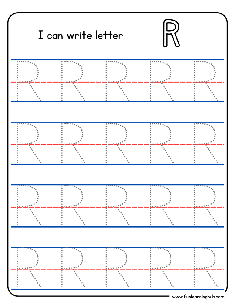 Kindergarten alphabet tracing worksheet with uppercase letter R