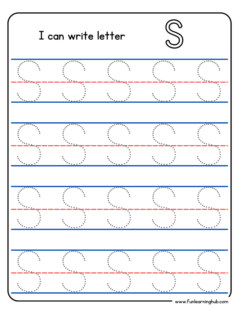 Kindergarten alphabet tracing worksheet with uppercase letter S