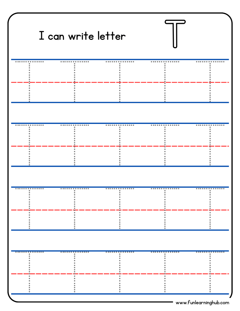 Kindergarten alphabet tracing worksheet with uppercase letter T