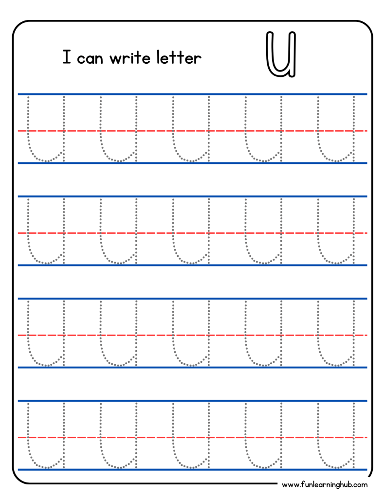 Kindergarten alphabet tracing worksheet with uppercase letter U