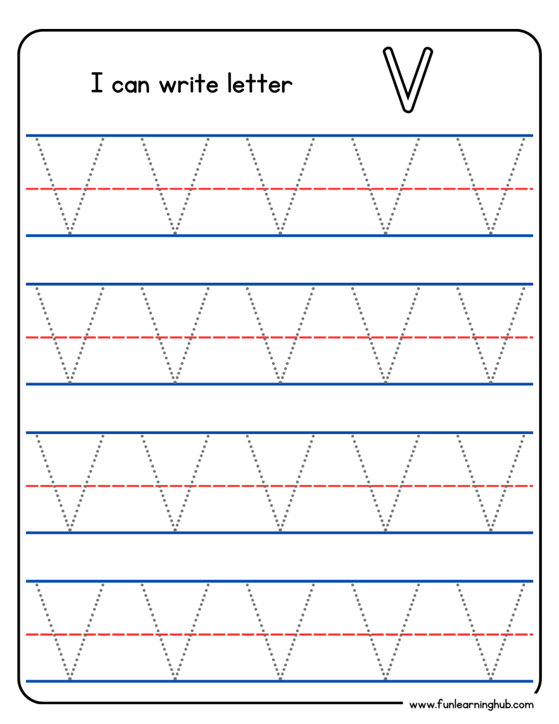 Kindergarten alphabet tracing worksheet with uppercase letter V
