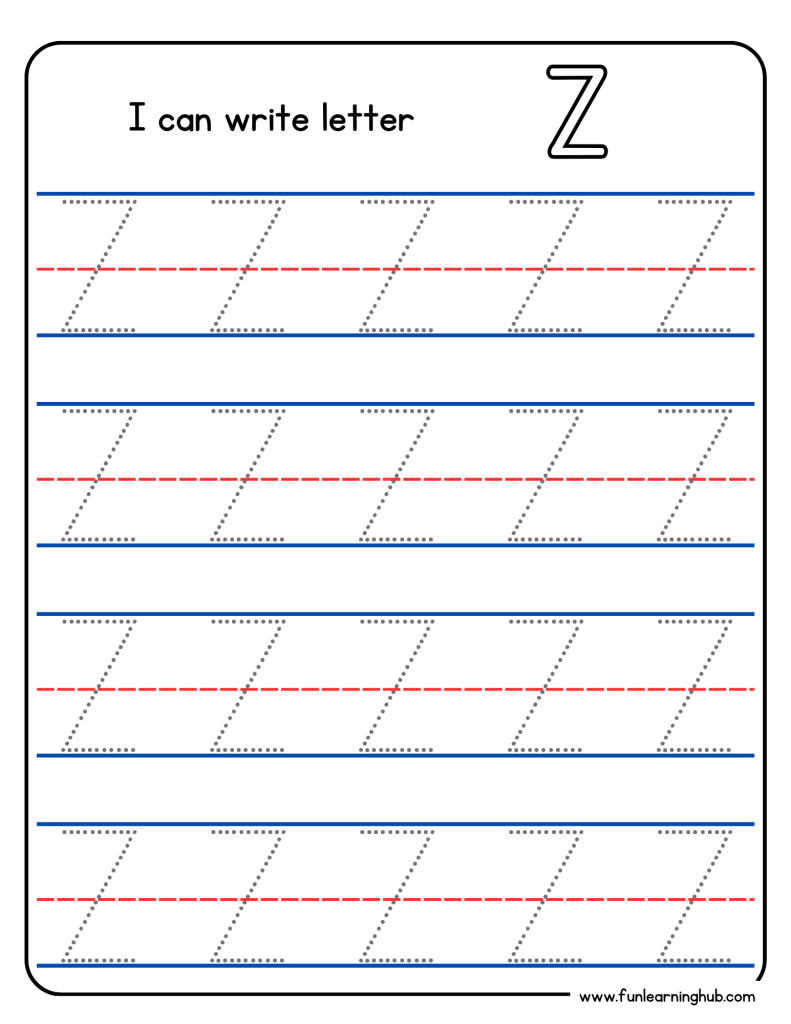 Kindergarten alphabet tracing worksheet with uppercase letter Z