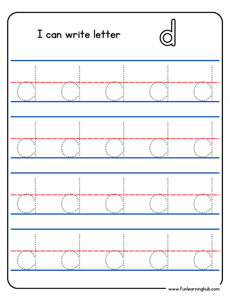 Kindergarten alphabet tracing worksheet with lowercase letter d