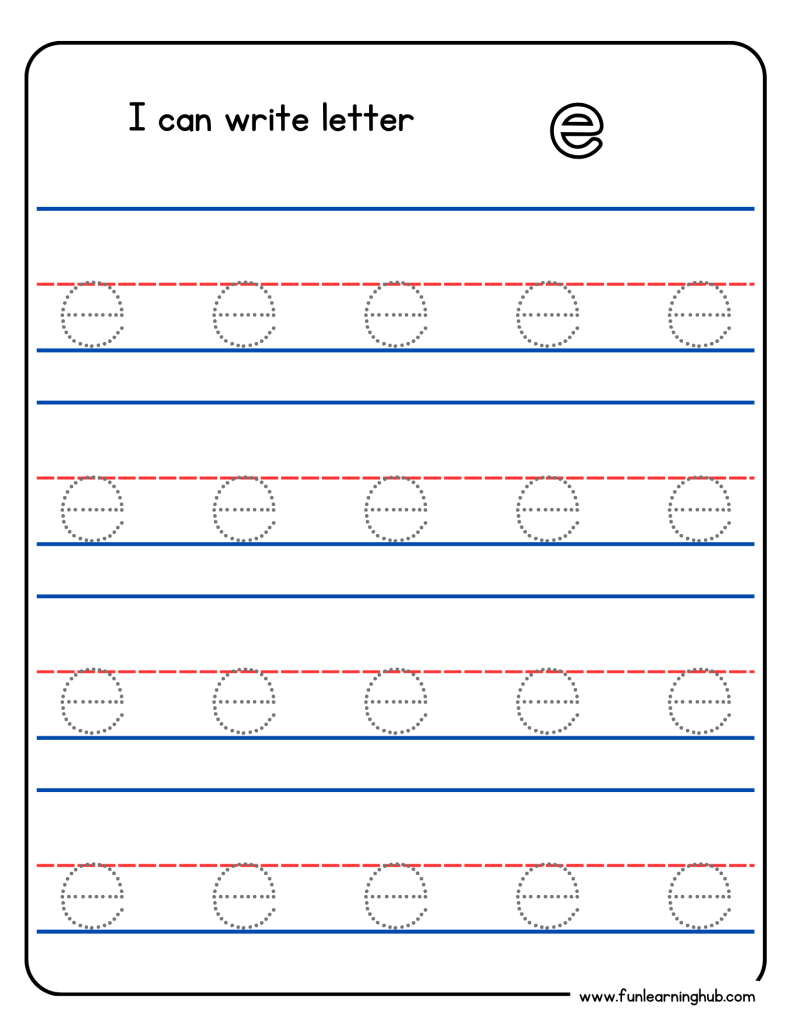 Kindergarten alphabet tracing worksheet with lowercase letter e