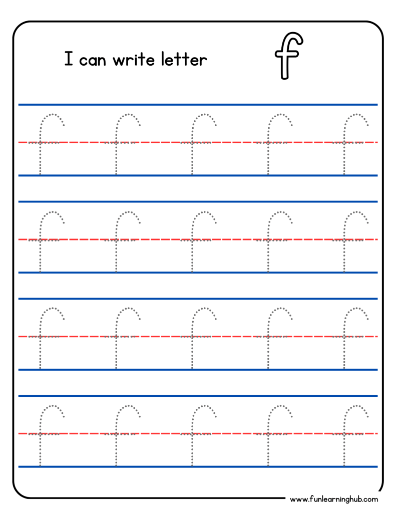 Kindergarten alphabet tracing worksheet with lowercase letter f