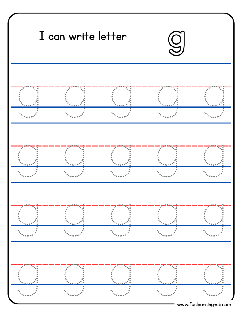Kindergarten alphabet tracing worksheet with lowercase letter g