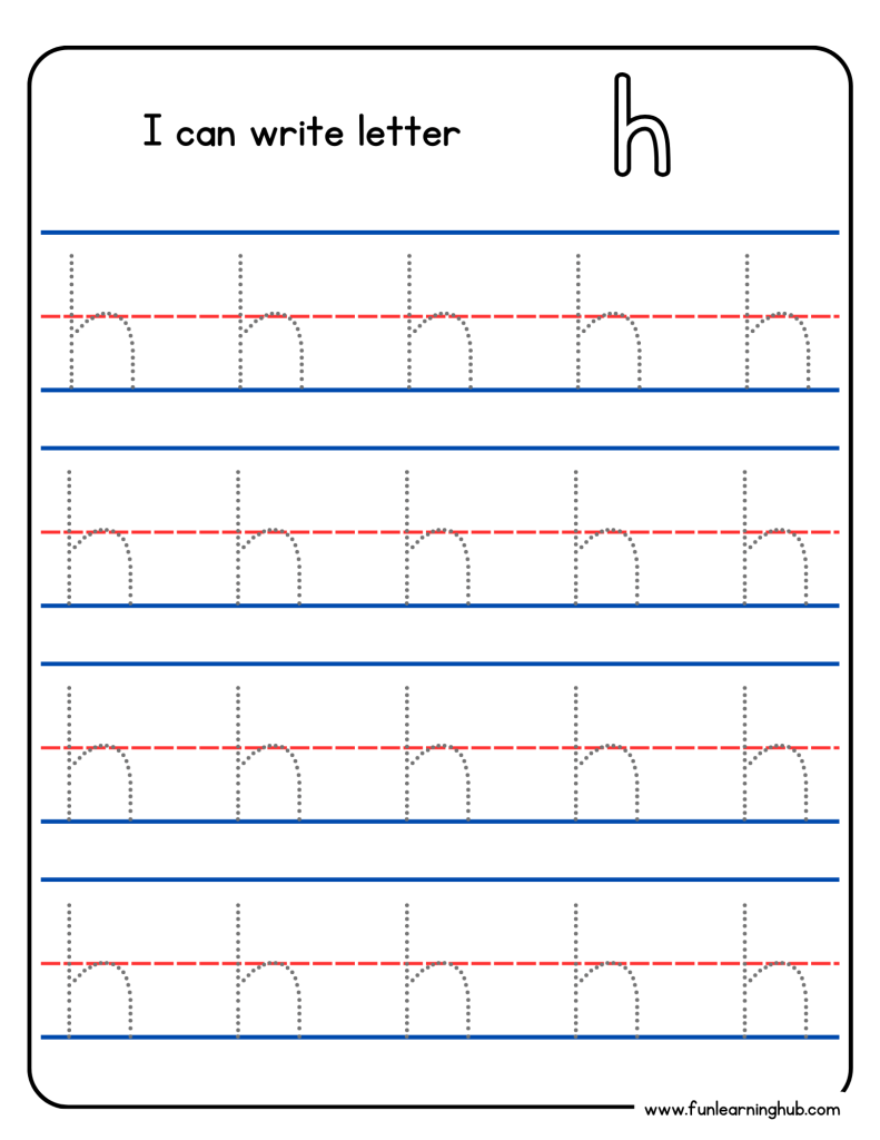 Kindergarten alphabet tracing worksheet with lowercase letter h