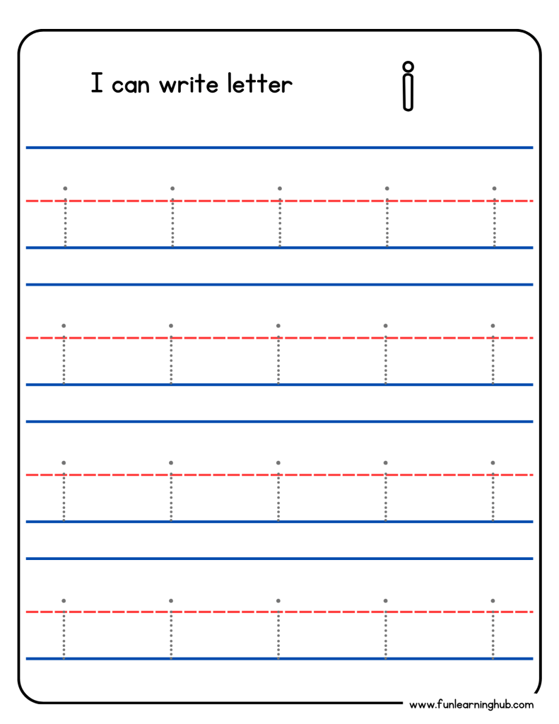 Kindergarten alphabet tracing worksheet with lowercase letter i