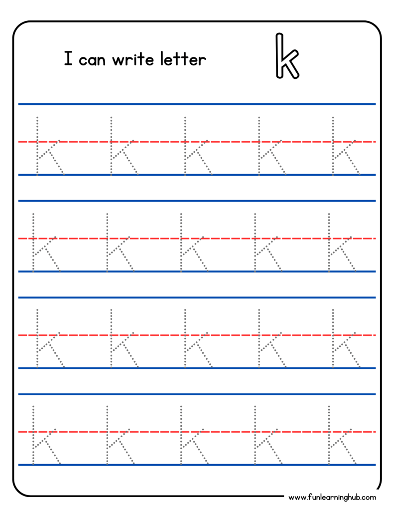 Kindergarten alphabet tracing worksheet with lowercase letter k