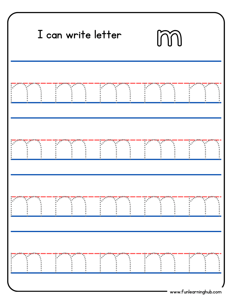 Kindergarten alphabet tracing worksheet with lowercase letter m