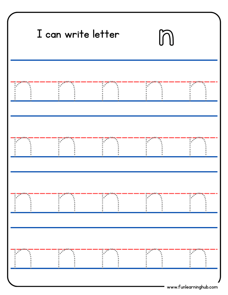 Kindergarten alphabet tracing worksheet with lowercase letter n