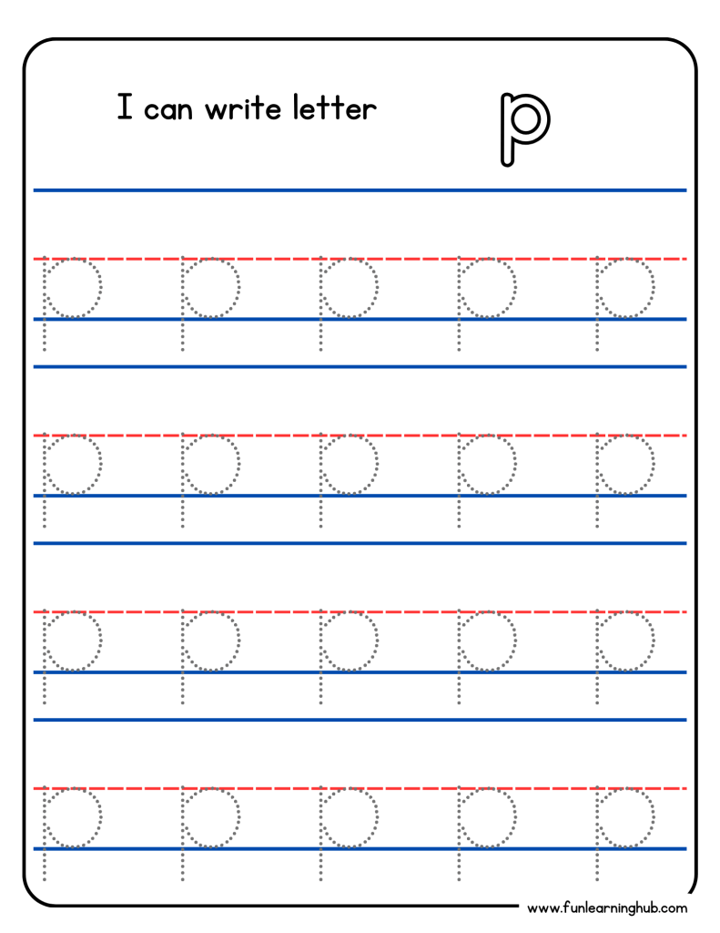 Kindergarten alphabet tracing worksheet with lowercase letter p