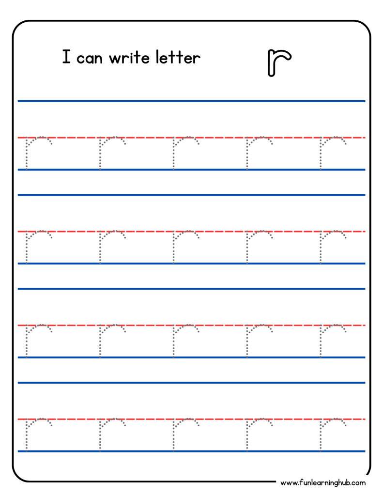 Kindergarten alphabet tracing worksheet with lowercase letter r