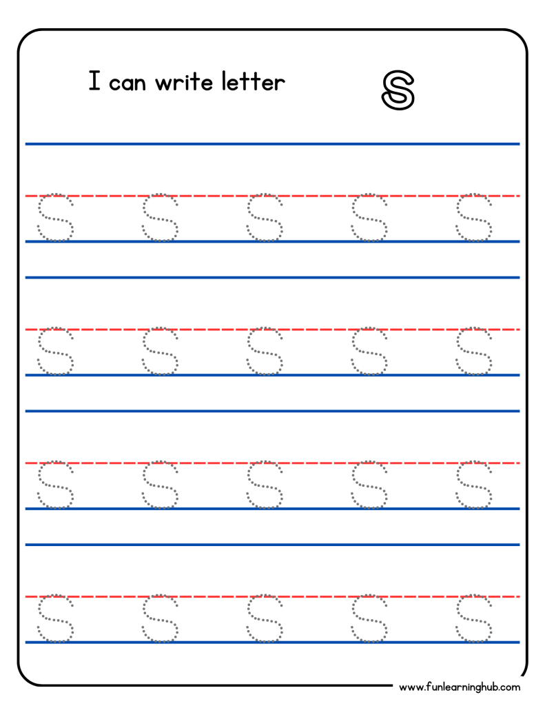 Kindergarten alphabet tracing worksheet with lowercase letter s