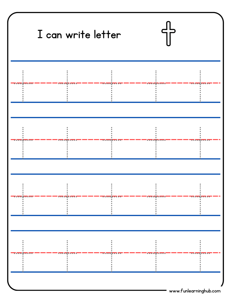 Kindergarten alphabet tracing worksheet with lowercase letter t