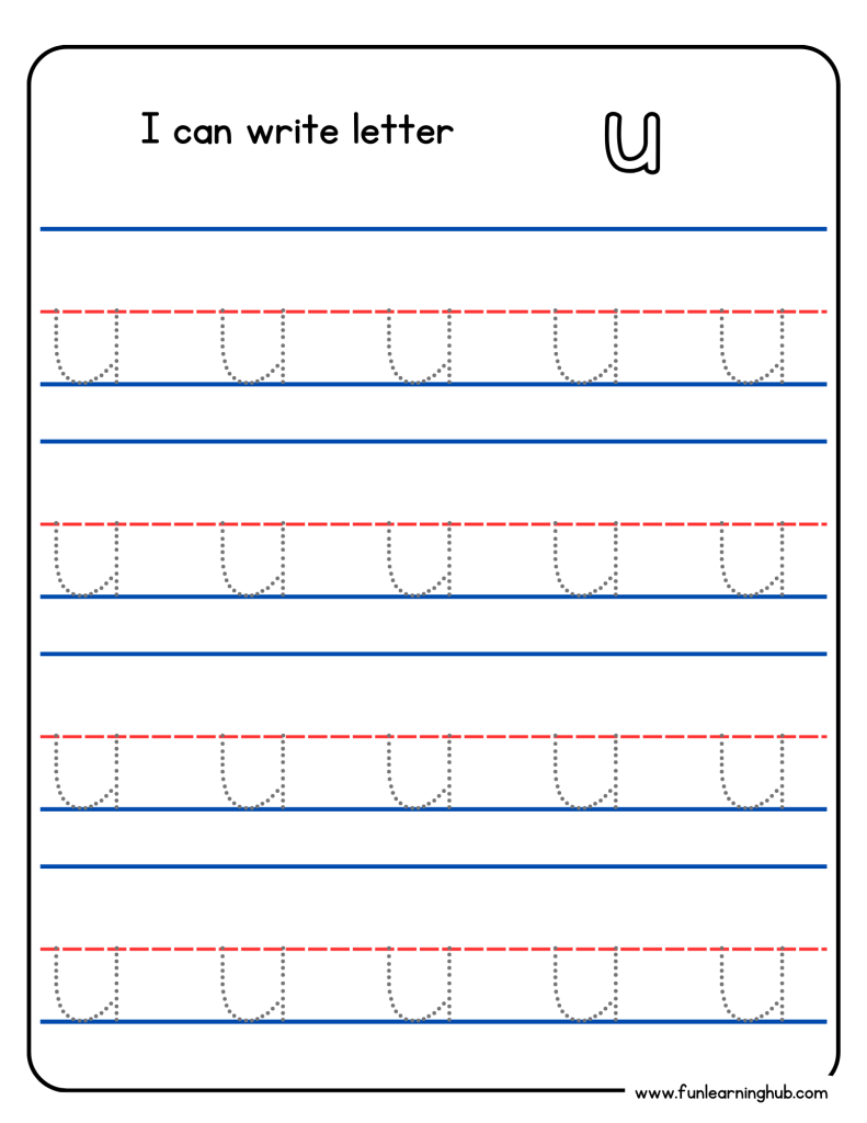 Kindergarten alphabet tracing worksheet with lowercase letter u