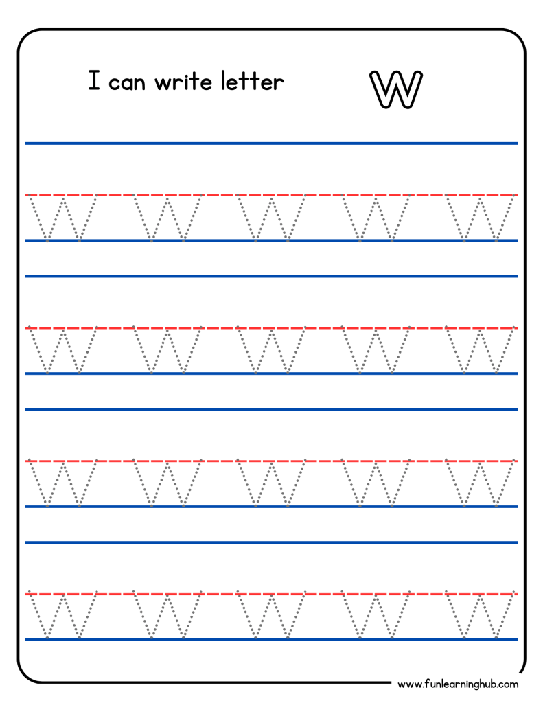 Kindergarten alphabet tracing worksheet with lowercase letter w
