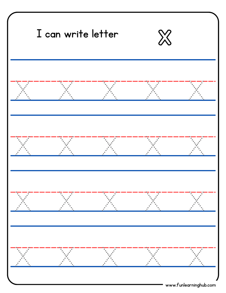 Kindergarten alphabet tracing worksheet with lowercase letter x
