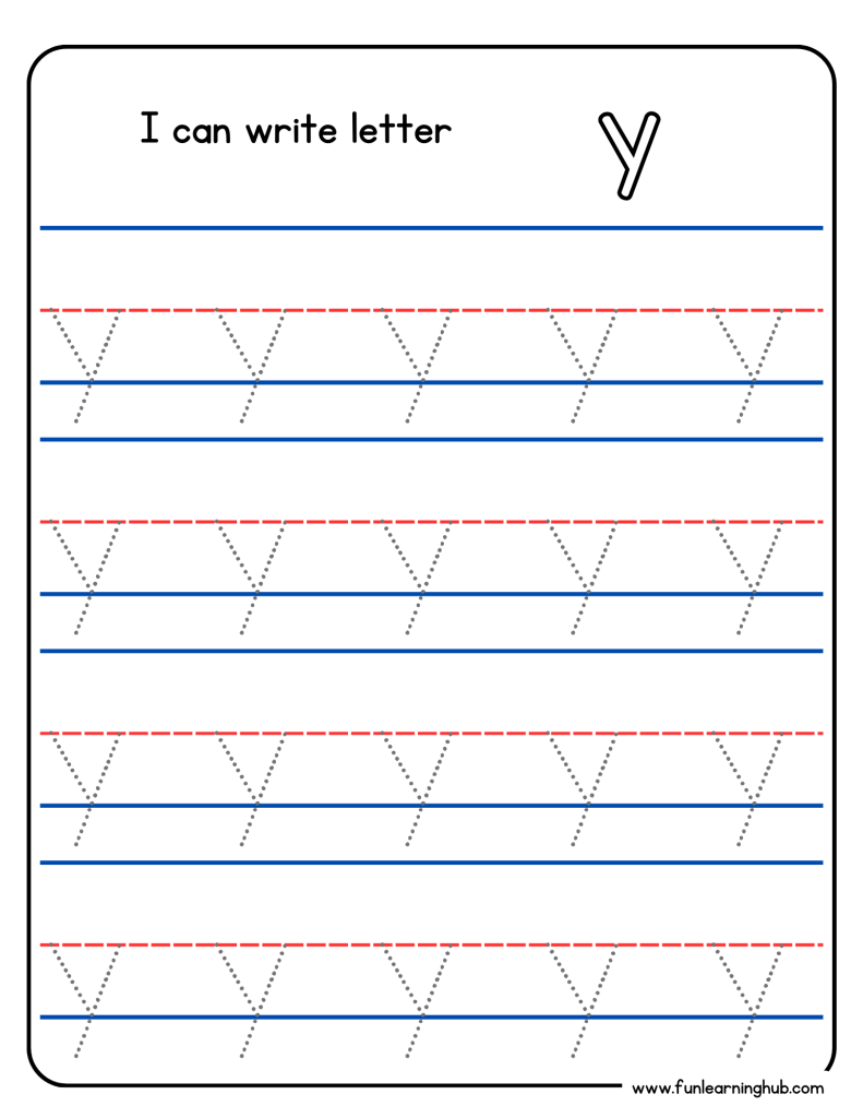 Kindergarten alphabet tracing worksheet with lowercase letter y