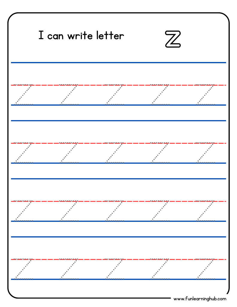 Kindergarten alphabet tracing worksheet with lowercase letter z