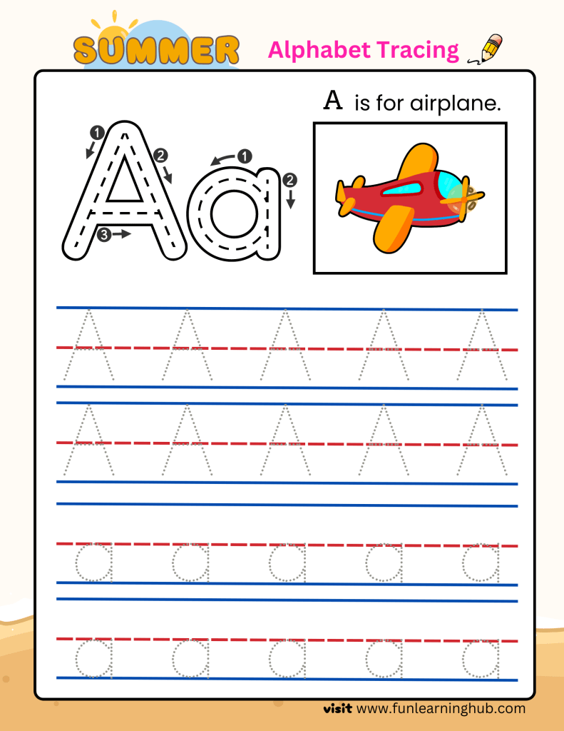Download free worksheets for kids and printable 22 Summer Alphabet Tracing