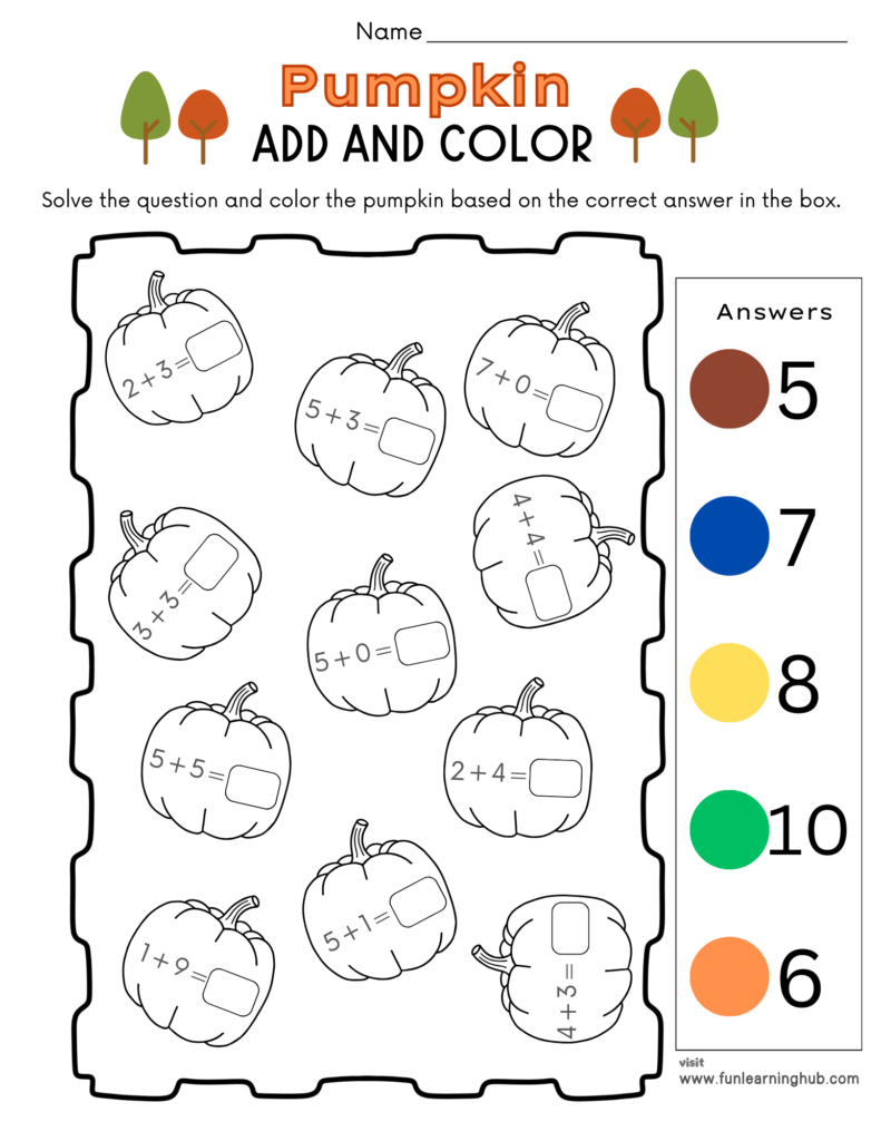 Free Pumpkin Worksheets for Parents, Teachers, and Homeschoolers 13 Pumpkin Add and Color worksheet