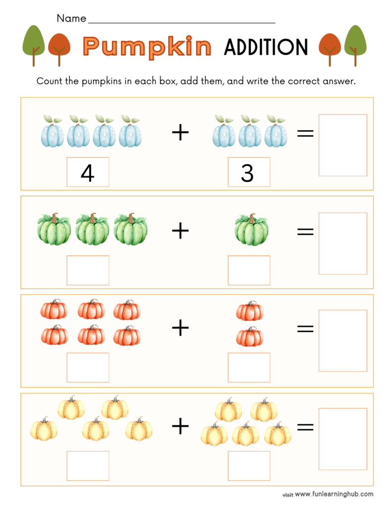 Free Pumpkin Worksheets for Parents, Teachers, and Homeschoolers 15 Pumpkin addition worksheets