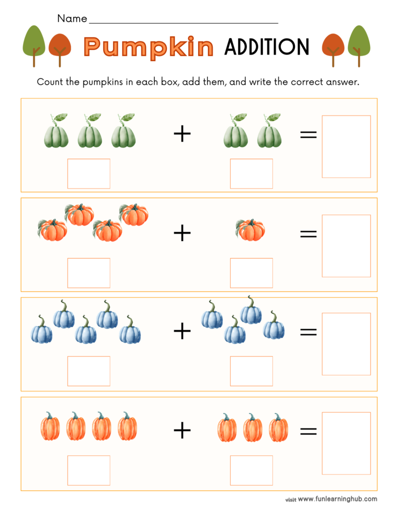 Free Pumpkin Worksheets for Parents, Teachers, and Homeschoolers 16 pumpkin addition worksheets