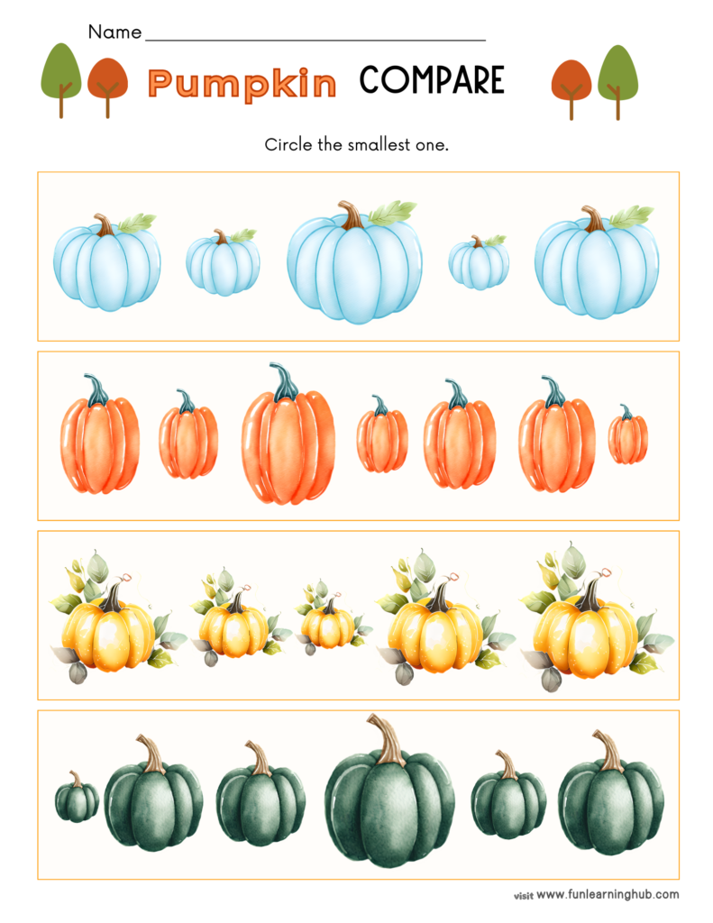 Free Pumpkin Worksheets for Parents, Teachers, and Homeschoolers 19 pumpkin compare worksheets