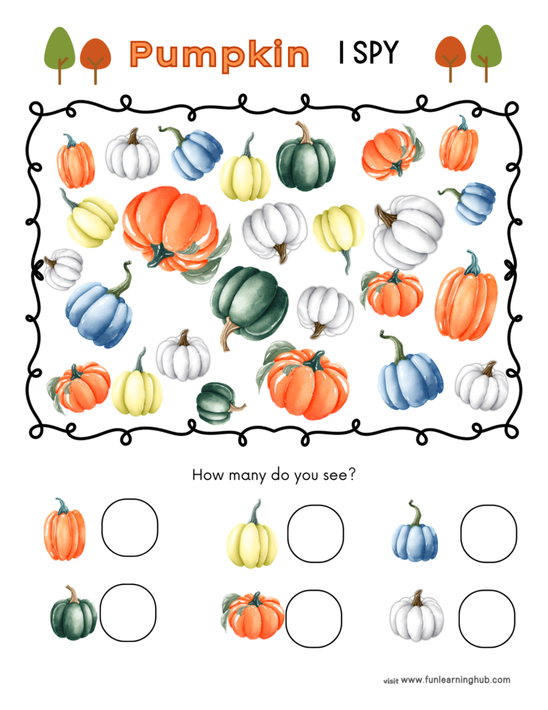 Free Pumpkin Worksheets for Parents, Teachers, and Homeschoolers 4 Pumpkin I spy worksheet