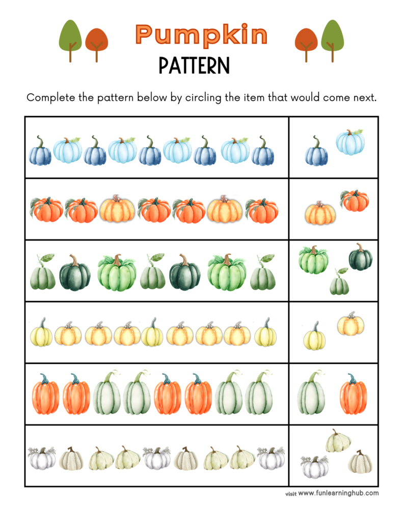 Free Pumpkin Worksheets for Parents, Teachers, and Homeschoolers 6 Pumpkin Pattern Worksheets