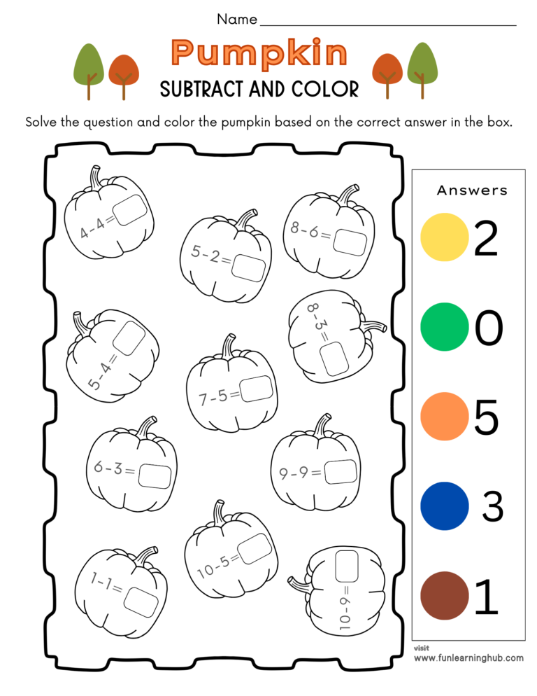Pumpkin Subtraction and Color Worksheet