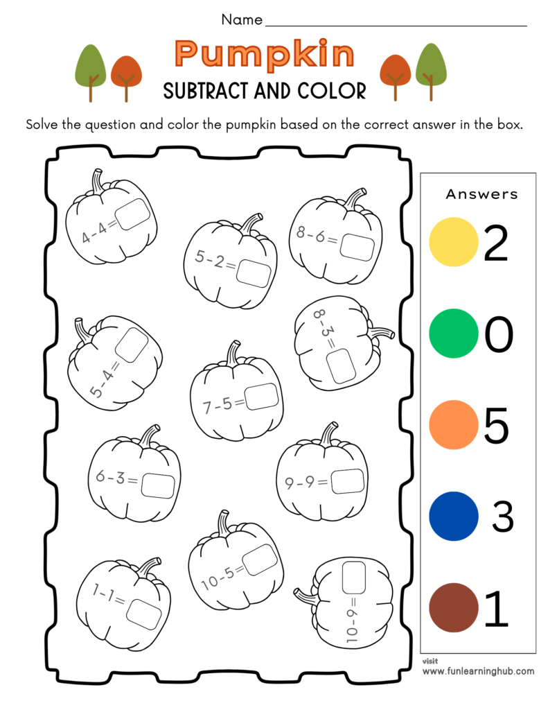 Free Pumpkin Worksheets for Parents, Teachers, and Homeschoolers 14 Pumpkin subtraction worksheet
