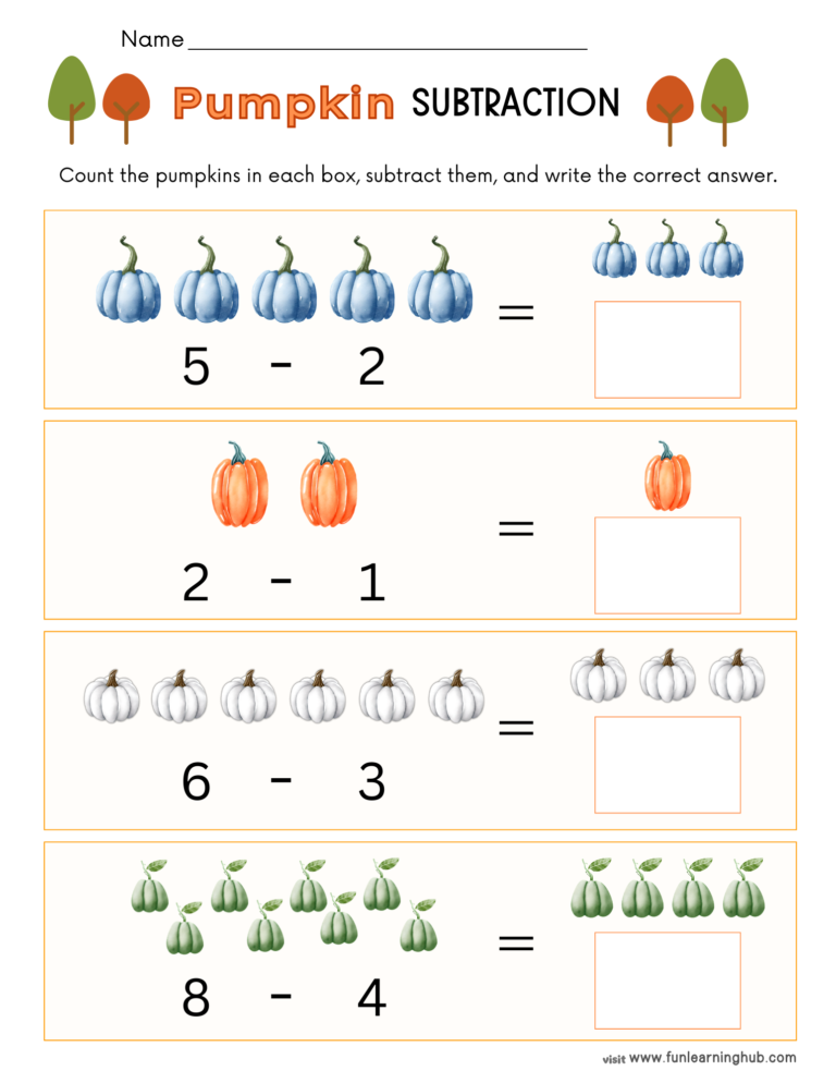 Pumpkin Picture Subtraction Worksheets