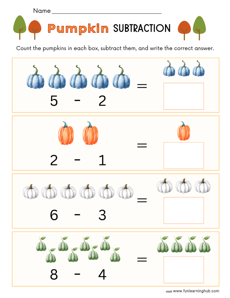 Free Pumpkin Worksheets for Parents, Teachers, and Homeschoolers 17 pumpkin subtraction worksheets