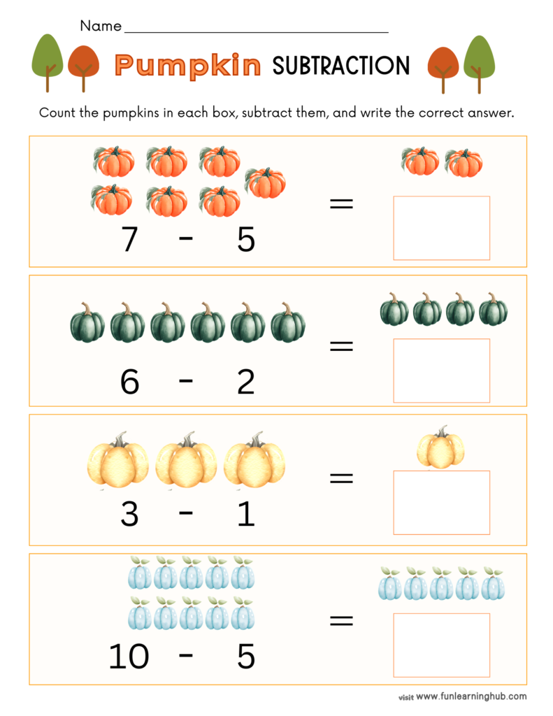 Free Pumpkin Worksheets for Parents, Teachers, and Homeschoolers 18 pumpkin subtraction worksheets
