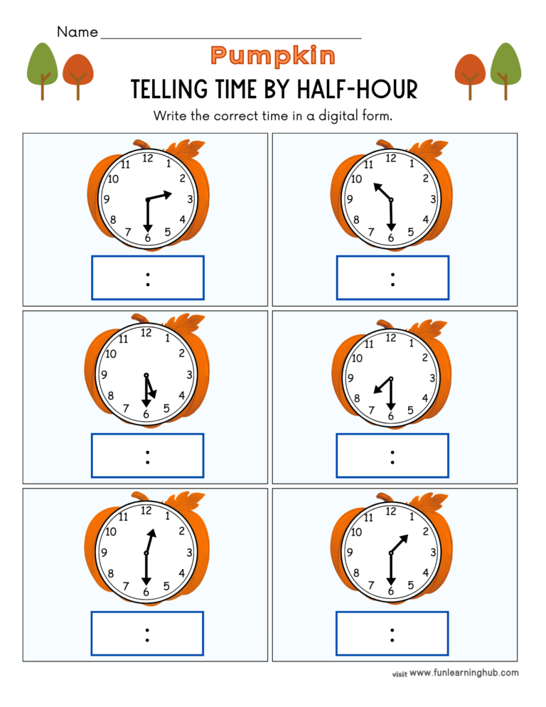 Pumpkin Telling Time by Half-Hour Worksheets