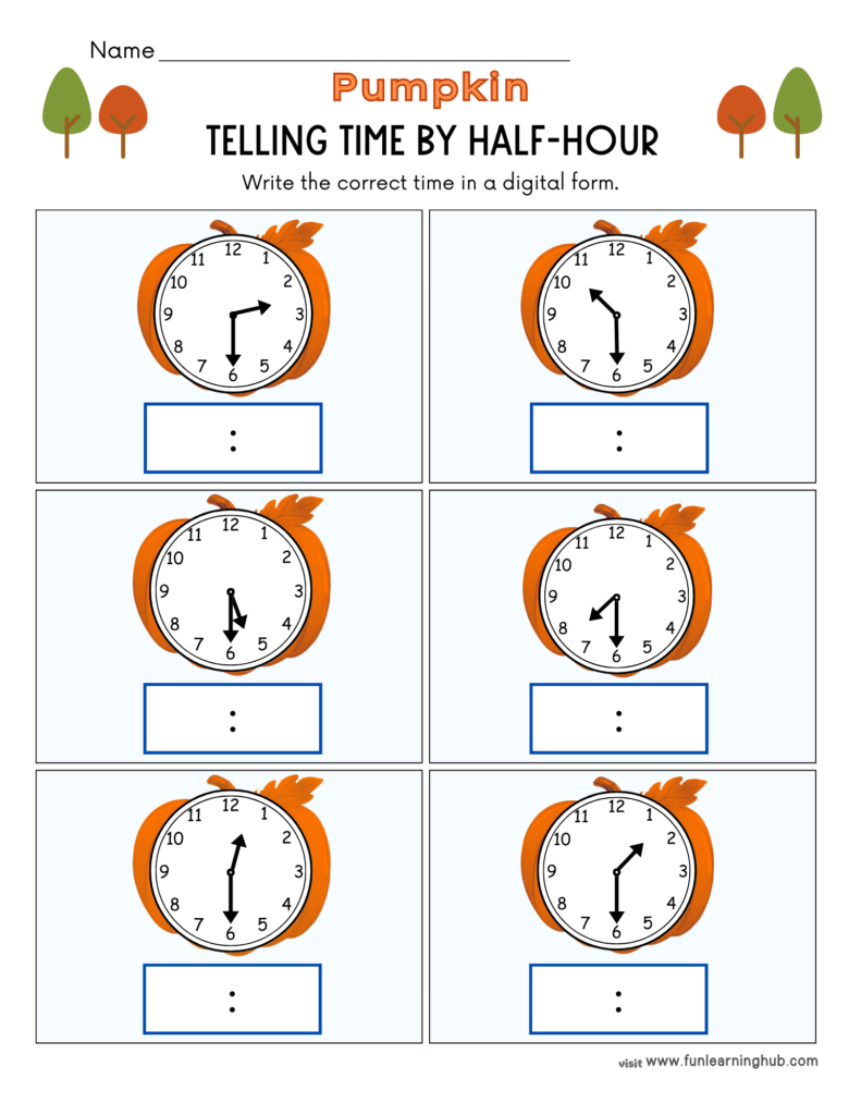 Free Pumpkin Worksheets for Parents, Teachers, and Homeschoolers 27 pumpkin telling time by half-hour worksheets