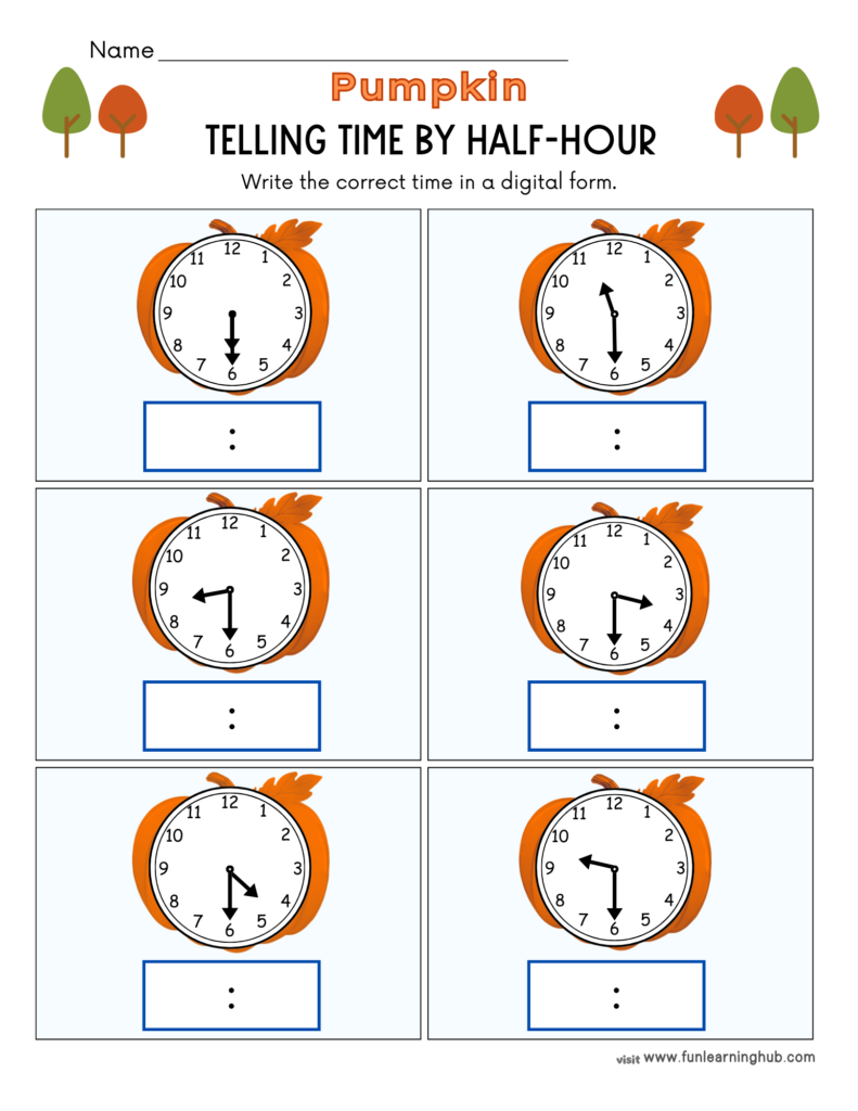 Free Pumpkin Worksheets for Parents, Teachers, and Homeschoolers 28 pumpkin telling time by half-hour worksheets
