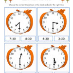 pumpkin telling time by half-hour worksheets